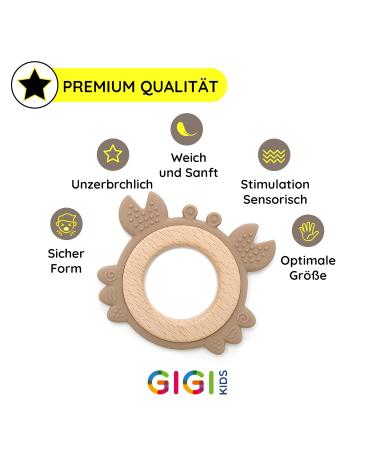 Gigi Kids Baby Crab Bite Rings - 100% BPA-Free Silicone & Beech Wood Teething Toys for 3 Months+ Beige & Dark Blue - Buy Online on GoSupps.com