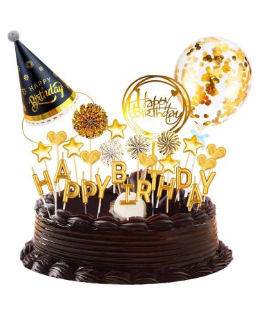 livhil Birthday Cake Topper Set Happy Birthday Cupcake Topper Letters Cake Candles Toppers Confetti Balloon Stars Hearts Birthday Hat & Fan Cupcake Toppers Birthday Cake Decoration Supplies (Gold)