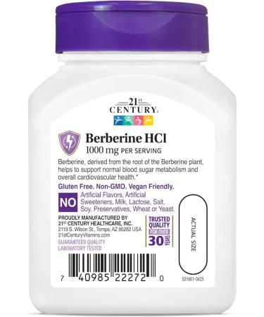 21st Century Berberine HCl 1000 mg Per Serving, (60 Count), Helps Support Healthy Sugar Metabolism & Cardiovascular Health, Vegan, Non-GMO, Gluten Free, Berberine Supplement, 30 Servings - Buy Online on GoSupps.com