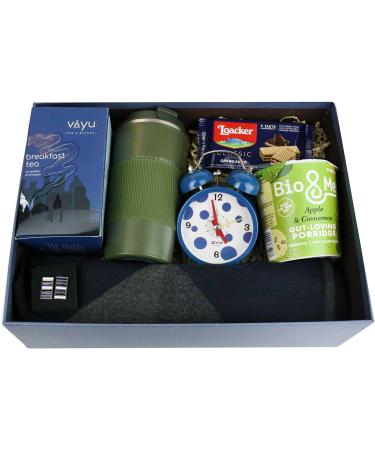 Gentleman's Morning Essentials Gift Box Hamper English Breakfast Tea Porridge Alarm Clock Biscuits Warm Scarf Cufflinks and Flask- Curated Elegance Gift Box - Buy Online on GoSupps.com