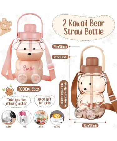 Cute Bear Water Bottles Set | Leak Proof with Straw, Large Capacity | Adjustable Shoulder Strap & Kawaii Stickers | Ideal for Kids, School, Office & Outdoor Activities - Brown/Pink - Buy Online on GoSupps.com