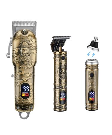 JTTJDB Professional Hair Clippers Set for Barber,Men Cordless Clippers for Hair Cutting,USB Rechargeable T-Blade/Nose Hair/Beard Trimmer Kit - LCD Display,Gold Knight