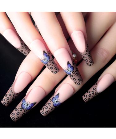 48 Pieces French Artificial Nails Set - Long Ballerina Stick-On Tips with Butterfly & Leopard Designs for Women - Acrylic Nail Art JP1451-JP1417 - Buy Online on GoSupps.com