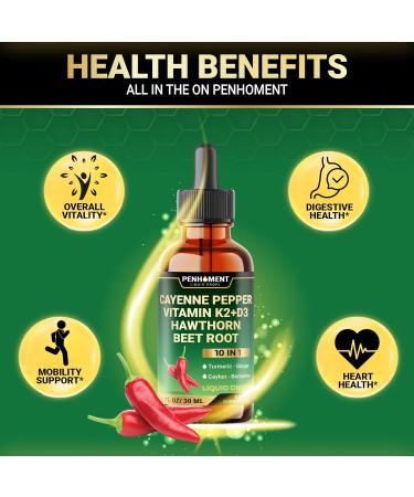 10in1 2700mg Cayenne Pepper Liquid Drops + Hawthorn Berry, Vitamin D3 K2 Beet Root Turmeric Ginger and More - Digestion Support - 1 Fl Oz - 2 Months Supply 1 Fl Oz (Pack of 1) - Buy Online on GoSupps.com