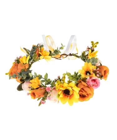 DreamLily Woodland Wedding Daisy Flower Crown Boho Sunflower Hair Garland Girls Green Leaf Hair wreath XM08 (Orange)