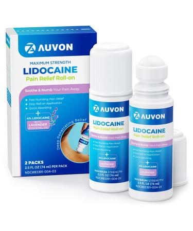 AUVON Max Strength Lidocaine Pain Relief Roll-On with Lavender Essential Oil No Mess Applicator Quick Absorbing to Numb & Soothe Pain Relief for Knees Shoulders 2.5 Oz 2 Packs