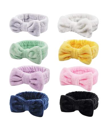 AMCAMI Spa Headband  Headband for Washing Face  Makeup Headband Coral Fleece Non-Slip Hairlace for Women Fluffy Shower Headbands Elastic Headwraps  Bow Hair Band 8PCS