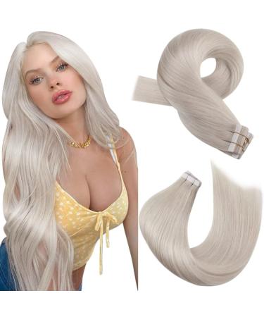Moresoo Tape in Hair Extensions Human Hair Blonde Tape in Extensions Real Hair White Blonde Human Hair Extensions Tape in 22 Inch 20 Pieces/50g #60A 22 Inch 1.#60A