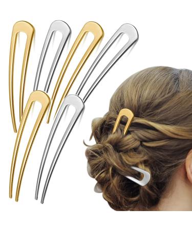 6 PCS Metal U Shaped Hairpins Hair Stick Fork Sticks French Hair Pin 2 Prong Updo Chignon Pins for Women Girls Buns Hair Accessories (Gold + Silver)