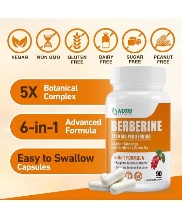 Organic Berberine Supplement-Berberine with Ceylon Cinnamon Bitter Melon & Green Tea Extract Supports Cholesterol Health & Immune Function.Third-Party Tested(Made & Tested in USA).1200mg 90 Capsules - Buy Online on GoSupps.com