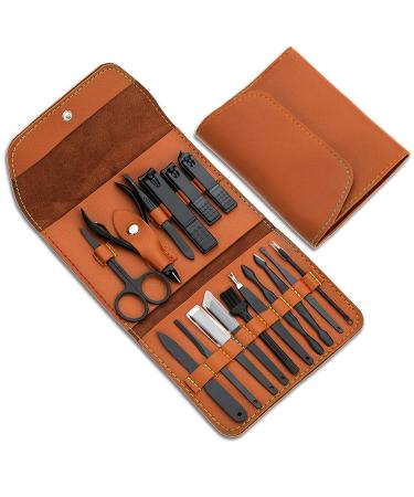 Gifts for Men/Women Stainless Steel Manicure Set with PU leather case Personal care tool (brown)