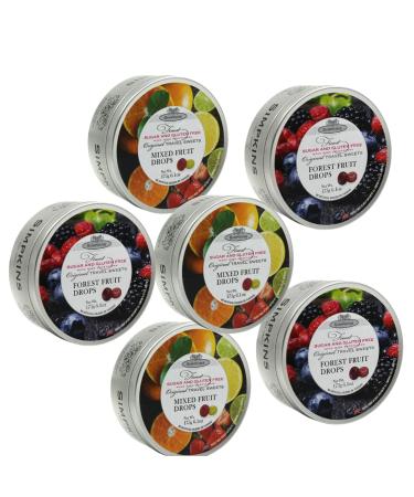 Pack of 6 Original Sugar Free Travel Candy Tins containing 3 Simpkins Mixed Fruits and 3 Simpkins Forest Berries (175g each)