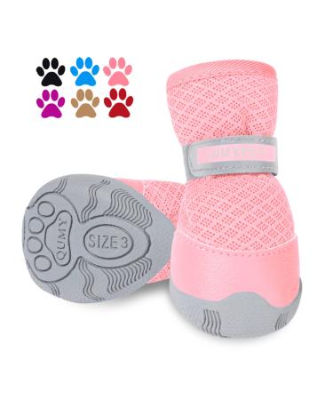 QUMY 2PCS Dog Shoes for Small Dogs Hot Pavement Summer Puppy Dog Boots with Reflective Strip Soft Comfortable Anti-Slip Rubber Sole Pink Size 3 Pink size 3: 1.70"x1.31"(L*W) (Pack of 2 Boots)