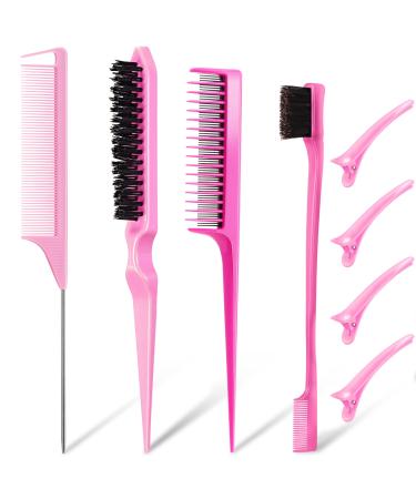 8 Pieces Teasing Brush Set Edge Brush Comb with Hair Clips Grooming Hair Styling Comb Teasing Dual Edges Hair Brush Triple Teasing Comb Sturdy Rat Tail Comb for Women Girls Kids Hair Stylists (Pink)