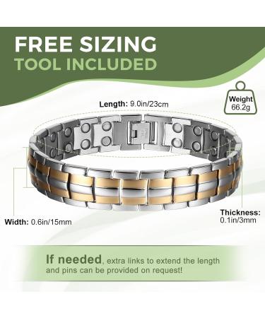 MagEnergy Titanium Steel Magnetic Bracelet for Men - Double Row Ultra Strength Magnets, Adjustable Links Removal Tool, Gift Box - Silver+Gold - Buy Online on GoSupps.com