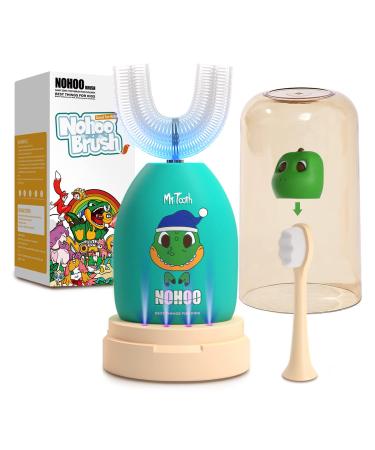 NOHOO Kids Electric Toothbrush, U Shape Whole Mouth Baby Toothbrush, Wireless Rechargeable Ultrasonic Electric Toothbrush, Waterproof Automatic Toothbrush for Toddler, 3 Modes, for 3-12 Years Children U Shape Type-green