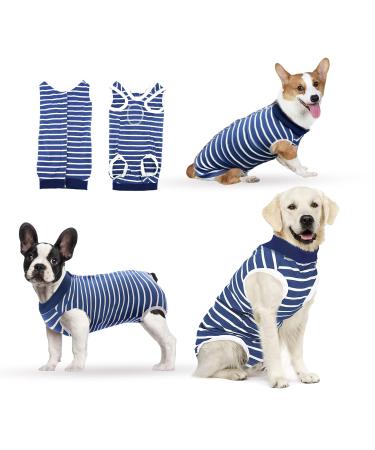 Hipet recovery suit for dogs cats after the operation male/female prevents licking abdominal wounds spay or skin diseases e-neck band alternative for pets (XXL blue striped) xxl streaked