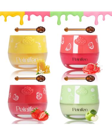 Bee Lip Balm Lip Mask Honey Pot 4 Pcs Propolis Moisturizing Balm with Applicator Day & Night Hydrating Lip Treatment for Dry Lips (4 Flavors Set) 4pcs