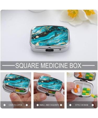 Turquoise Blue Gold Marble Print Pill Box - 2 Compartment Portable Pill Organizer for Pocket & Purse | Stylish Decorative Metal Medicine Case - Buy Online on GoSupps.com