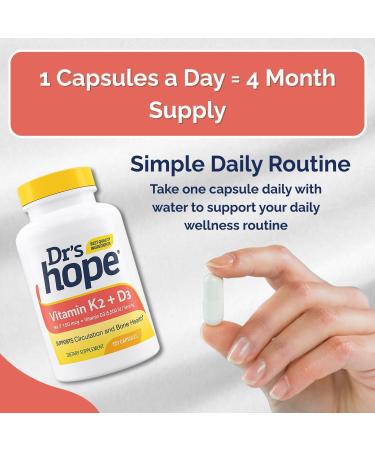 Dr s Hope Vitamin K2 (MK-7) 100 mcg & Vitamin D3 125 mg (5000 IU) Supplement - Advanced Bone & Immune Support Formula - May Help to Promote Calcium Absorption and Circulation - 120 Capsules - Buy Online on GoSupps.com