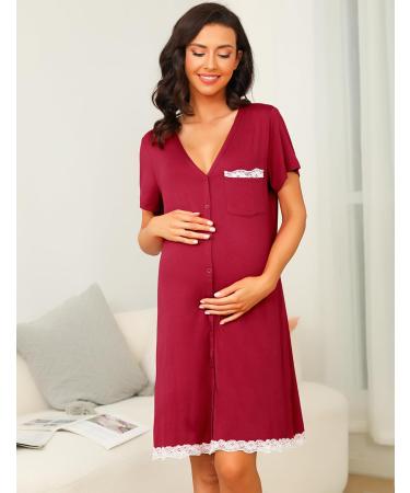 Uniexcosm Maternity Nursing Nightdress - Women's Short Sleeve Nightwear in Soft Wine Red Stripe - Button Down Nightgown for Comfortable Sleep - Maternity Pyjamas Nightshirt - Buy Online on GoSupps.com