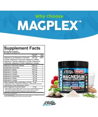 8in1 Magnesium Supplement Complex | Magnesium Glycinate Citrate Malate Gluconate Orotate Carbonate Lactate + Prebiotics Probiotics Digestive Enzymes Magnesio Capsules for Women Men by Clean Nutra - Buy Online on GoSupps.com