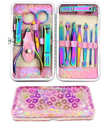 Manicure Set Professional Nail Clippers Kit Pedicure Care Tools- Stainless Steel Women Grooming Kit 18Pcs for Travel or Home (Dot Pattern - Rainbow)