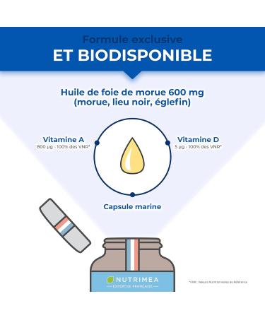 Cod Liver Oil - 600 mg - 100% Vitamins A and D Needs - Immunity - Skin Health - Bone Capital - Premium Quality - 60 Capsules - Nutrimea - Made in France - Buy Online on GoSupps.com