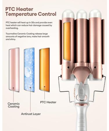 CkeyiN 3 Barrel Hair Waver 32mm - Professional Hair Crimper for Long Hair - 16 Temperatures Adjustable - Fast Heating Curling Wand - Rose Gold - Buy Online on GoSupps.com