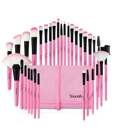 Yuwaku Pink Makeup Brush Set, 32pcs Premium Synthetic Brushes, Kabuki Foundation Brush Blending Face Powder Blush Concealers Eye Shadows Cosmetic Brushes Kit with Nylon Bag 2-PINK