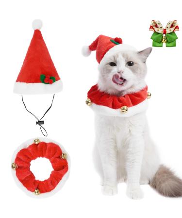 3 PCS - EZMeetU Cat Santa Hat with Jingle Bells Collar and Bow Tie, Christmas Costume Set for Cat, Adjustable Xmas Outfit Suit Clothes for Pets Small Dog Puppy Kitty, Xmas Pet Gift Present