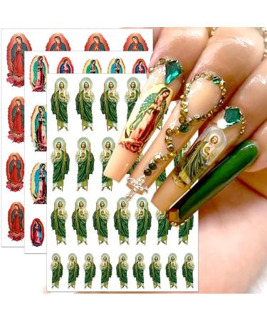 Virgin Mary Nail Stickers 3D San Judas Self-Adhesive Nail Art Decals  6 Sheets Religious Nail Art Decorations for Woman Girl Kid DIY Fingernail Design Manicure
