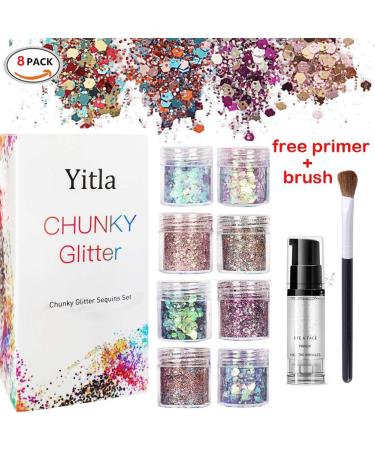 Yitla 8 Color Face Glitter Set for Festivals & Parties - Cosmetic Glitter for Body, Cheeks & Hair with Fix Gel & Brush - Buy Online on GoSupps.com