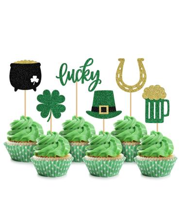 24 PCS St Patrick's Day Cupcake Toppers Glitter Lucky Four Leaf Clover Beer Cupcake Picks for St Patrick's Day Shamrock Theme Baby Shower Birthday Party Cake Decorations (6 styles) Design-6