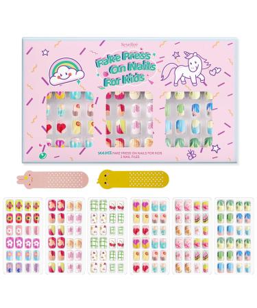 144Pcs Kids Press on Nails Children Girls Press on Short Artificial Fake Nails No fading Stable Quick Stick on Cute Pre Glue Full Cover Acrylic Nail Tip Kit Gift for Kids Nail Decoration (Flower) Floral