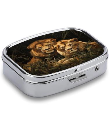 Stylish Two Lions Print Pill Box - 2 Compartment Medicine Organizer | Decorative Metal Portable Pill Case for Pocket & Purse - Buy Online on GoSupps.com
