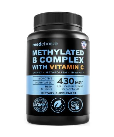 9-in-1 Methylated B Complex with Vitamin C, B Complex, B12 & L-5-MTHF - Vegan, Non-GMO, Gluten-Free & GMP-Certified Energy, Brain & Wellness Daily Methylcobalamin Multivitamin (90 Servings, Pack of 1) 90 Count (Pack of 1)