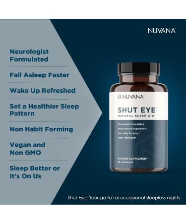 Nuvana Shut Eye Natural Sleep Aid Supplement for Adults | 5mg Melatonin | Helps Relax and Promote Natural Deep Sleep with Valerian Root Chamomile & Magnesium | Vegan & Non-GMO | 60 Capsules - Buy Online on GoSupps.com