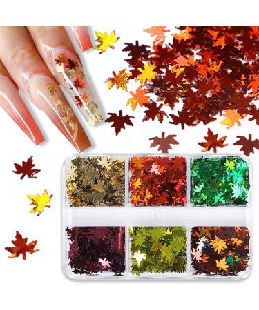 Fall Glitter Nail Sequins - Holographic Maple Leaf Nail Art Decorations | 6 Grids for Autumn & Winter Designs - Buy Online on GoSupps.com