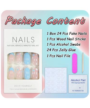 Blue French Tip Flower Design Press on Nails - Medium Almond Shape | Glossy Acrylic Stick on Nails for Women and Girls - Spring Nail Art - Buy Online on GoSupps.com