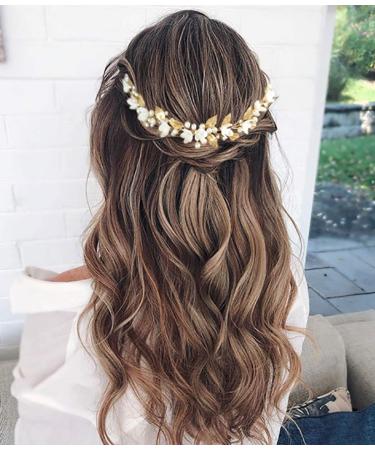 Unicra Gold Wedding Pearl Hair Vine Flower Leaf Headpiece Wedding Hair Accessories for Bride