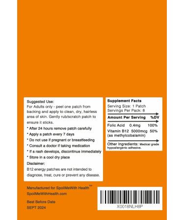 SpoilMeWith Health: B12 Patches (Methylcobalamin 5000 mcg) and folic Acid (0.4 mg). 8 Week Supply - Buy Online on GoSupps.com
