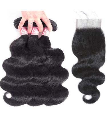 LS HAIR Body Wave Bundles with Closure - 100% Unprocessed Brazilian Virgin Human Hair - 14 16 18 with 12 Free Part Lace Closure - Natural Black 3 Bundles + 4X4 Closure - Buy Online on GoSupps.com