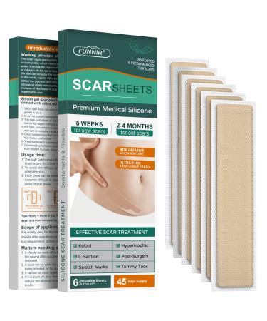 FUNNIR Silicone Scar Sheets Tape Strips - Healing Keloid C-Section and Tummy Tuck - As Surgical Cream Gel Patch Bandage Pad - Surgery Scars Treatment 5.7x1.57 - 6 Pack 5.7 Inch *1.57 Inch