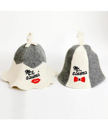 Sauna Guru Saunahut 'Mr and Mrs Sauna' White - 100% organic wool felt hats - Protect your head from heat - English sauna e -book manual inclusive - with embroidery MR + MRS sauna