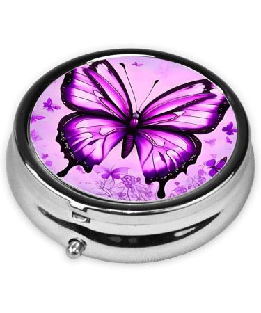 Purple Butterfly Round Pill Box - 3 Compartment Organizer | Portable Travel Pill Case for Easy Medication Management - Buy Online on GoSupps.com