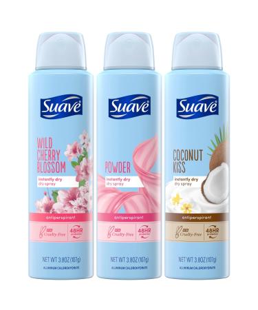 Suave Deodorant for Women Dry Spray Antiperspirant Variety Pack Powder Coconut Kiss & Cherry Blossom Dries Instantly 48H Protection 3.8 Oz Ea (3 Piece Set)