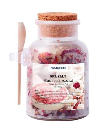 KOURUILIFE Bath Salt with Rose Petals 500g Epsom Salts 100% Natural Aromatherapy and Relaxation