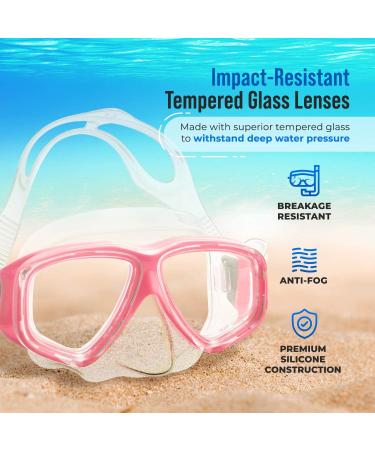 PRODIVE Premium Dry Top Snorkel Set - Impact Resistant Tempered Glass Diving Mask - Anti-Fog Lens - Adjustable Strap - Waterproof Gear Bag - Light Pink Adult - Buy Online on GoSupps.com