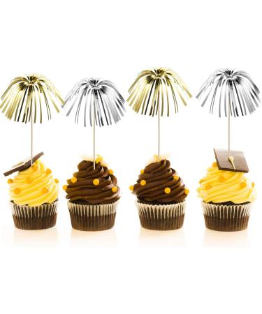 100 Pieces Firework Cupcake Toppers Graduation Foil Frill Toothpicks Holiday Cake Decorations 9 Inch Shape Food Picks for Halloween Party Favors Supplies (Black Gold Silver) - Buy Online on GoSupps.com